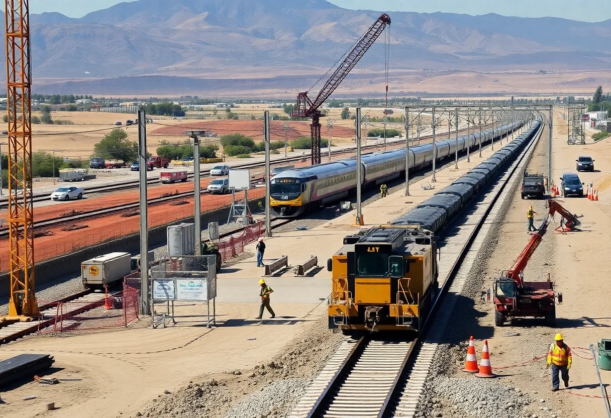 Aerial view of California high-speed rail construction site with bridges and viaducts.