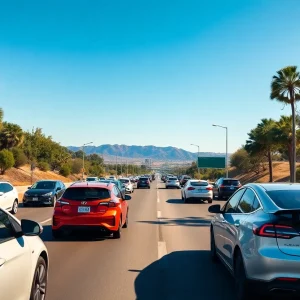 California highways showing various vehicles including electric and gasoline cars.
