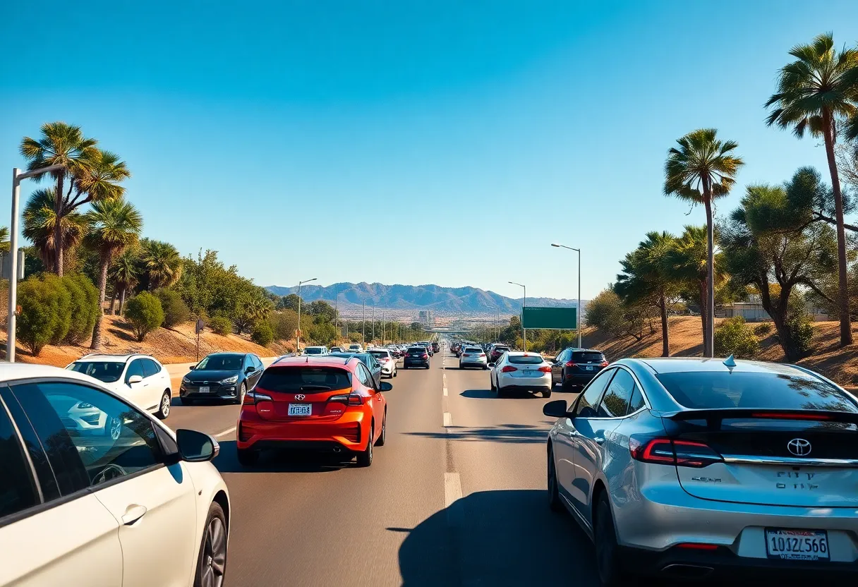 California highways showing various vehicles including electric and gasoline cars.
