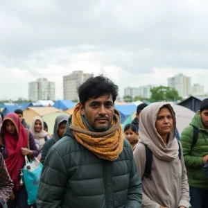 Group of individuals in a city tackling homelessness with makeshift shelters