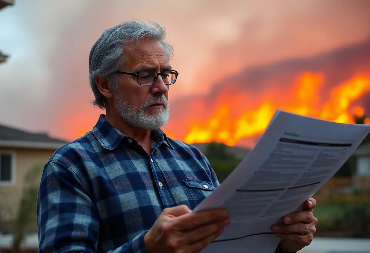 Homeowner reviewing insurance documents amidst wildfire backdrop