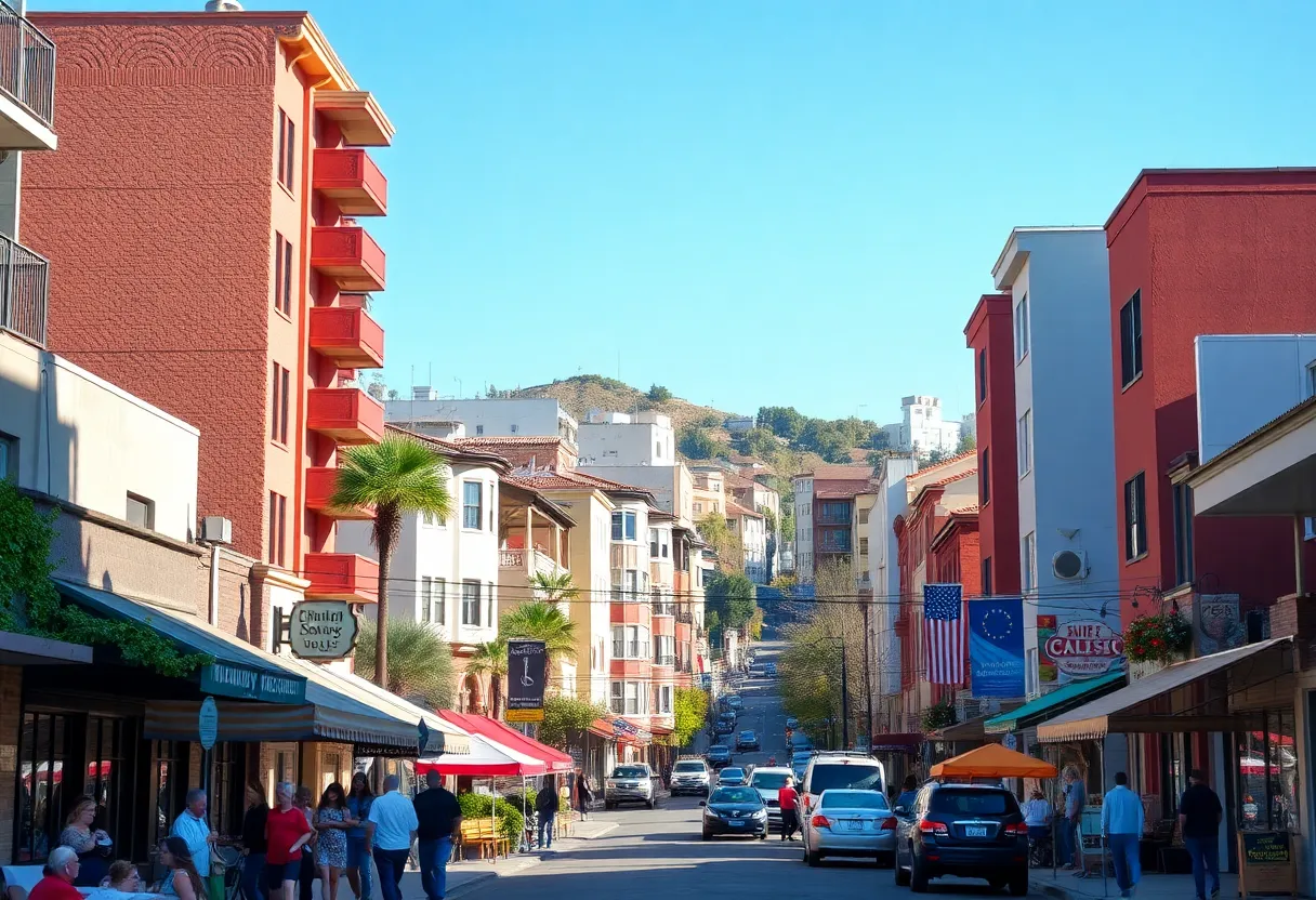 A bustling urban area in California with homes and community activities.