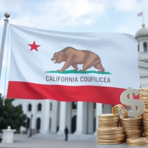California state flag with a courthouse backdrop symbolizing immigrant assistance investigation
