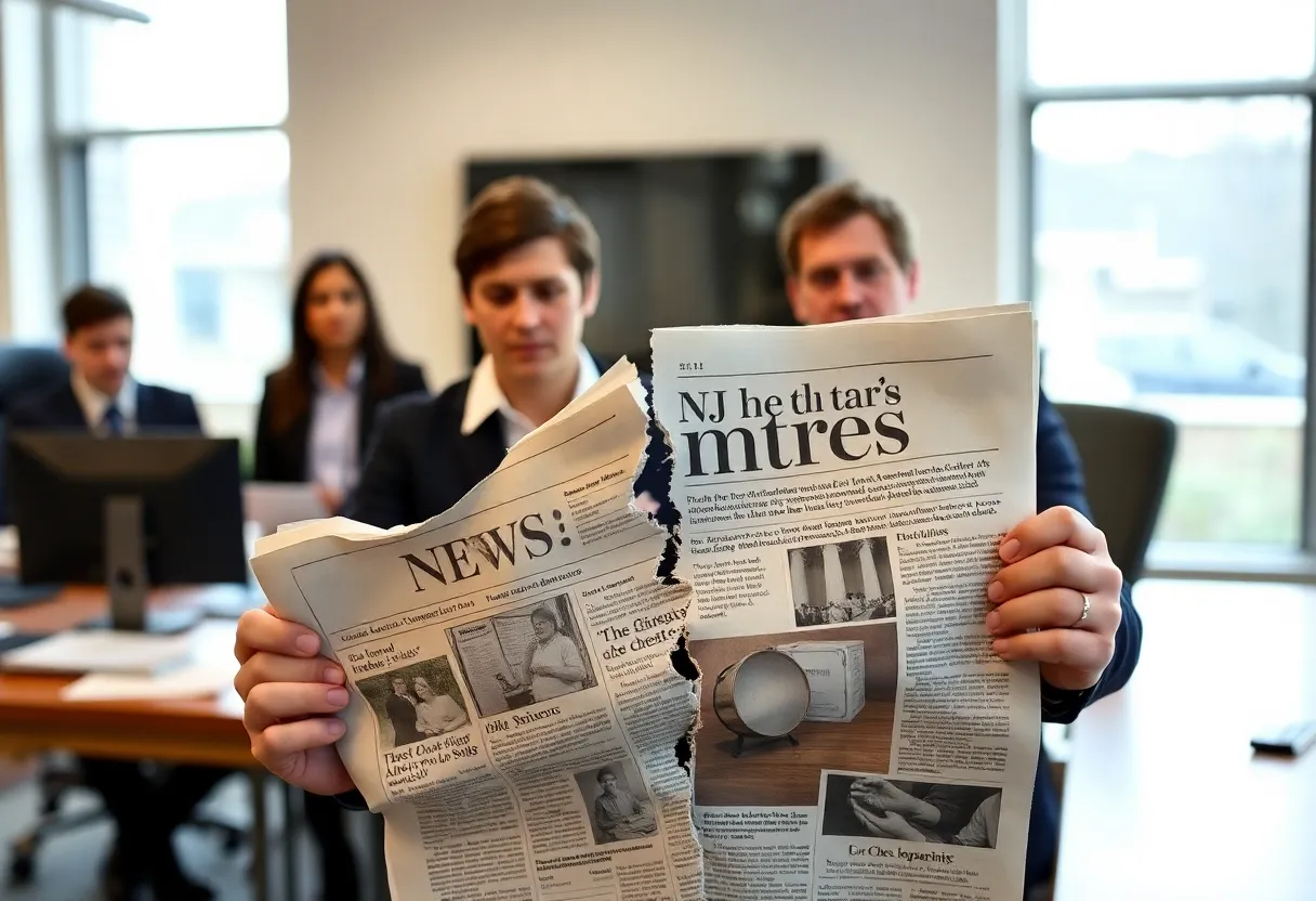 Illustration of a newspaper being torn in half to represent funding cuts.