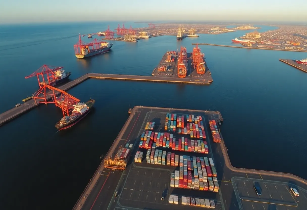 Aerial view of an empty California port showing reduced cargo activity