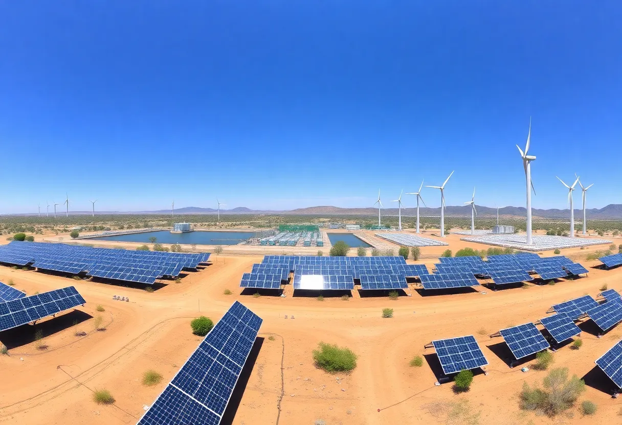Panoramic view of California's renewable energy landscape with solar panels and wind turbines.