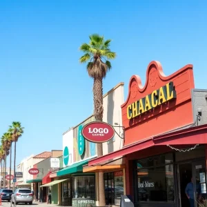A lively small business district in California with shops and cafes.