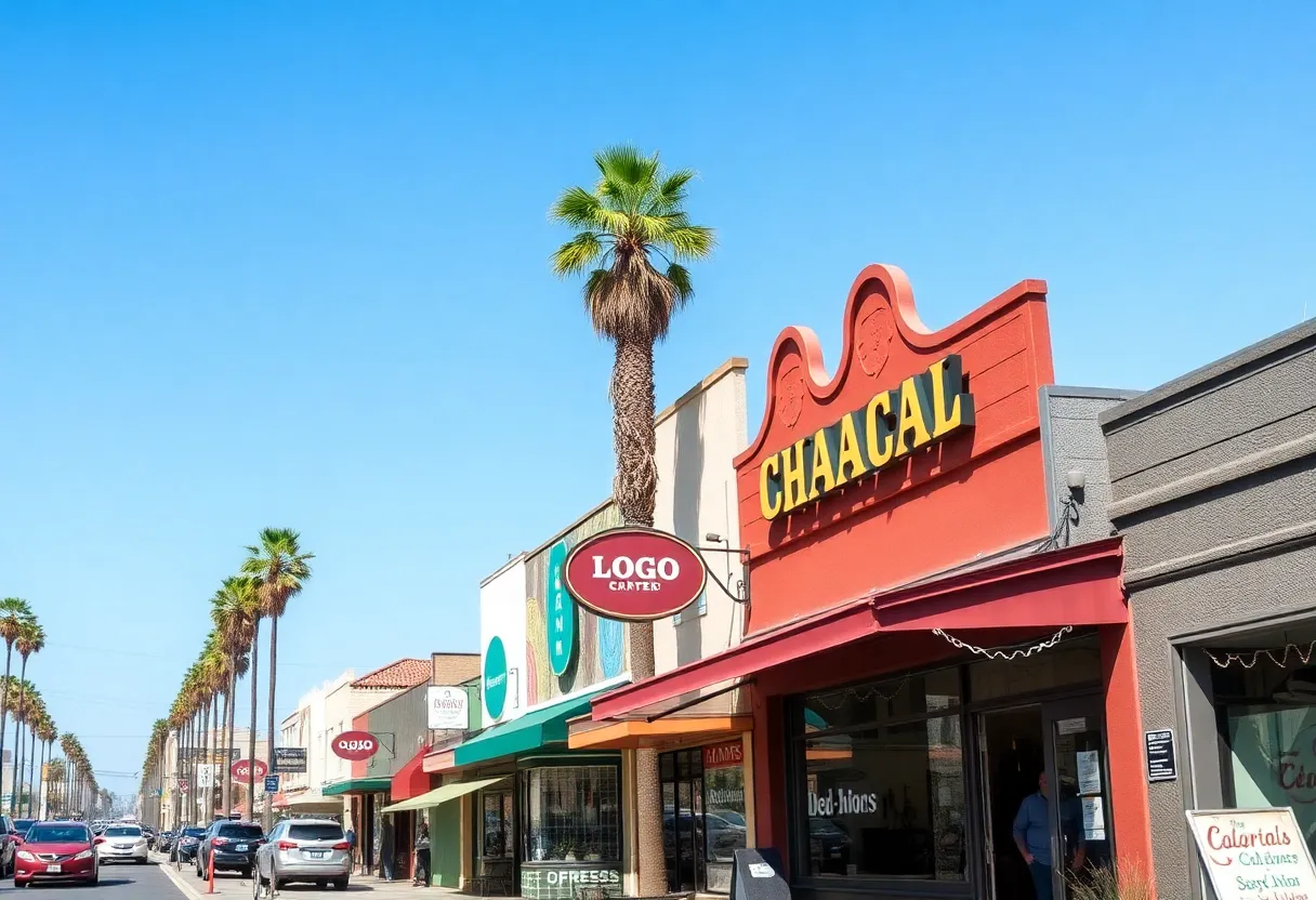 A lively small business district in California with shops and cafes.