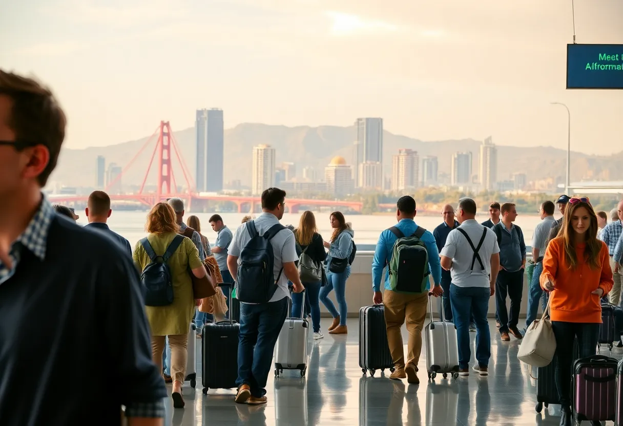 Workers in California's tourism industry at a busy airport