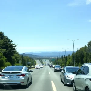 A bustling California highway with various vehicles showcasing emissions challenges.