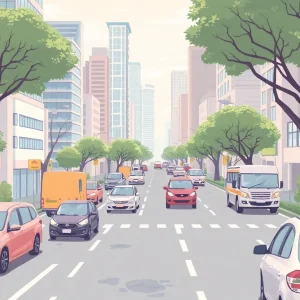 Illustration of vehicles in a city relating to California's emissions regulations