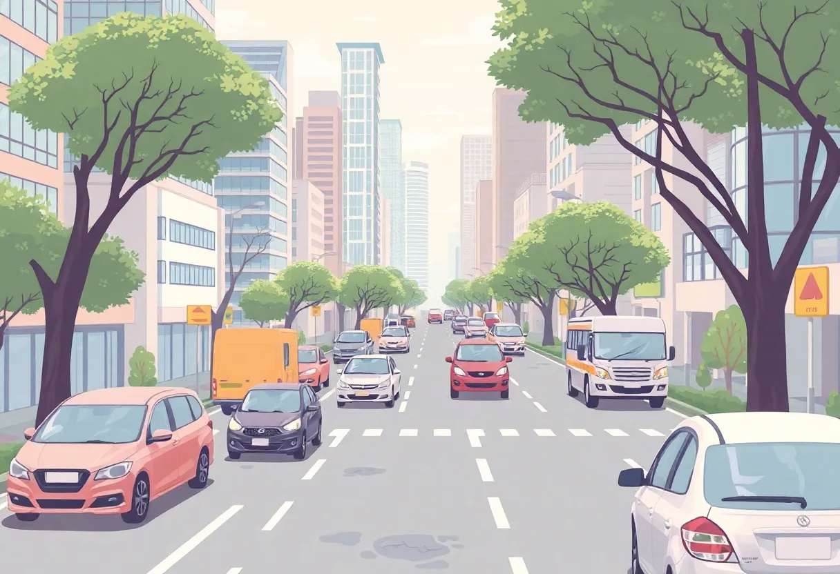 Illustration of vehicles in a city relating to California's emissions regulations