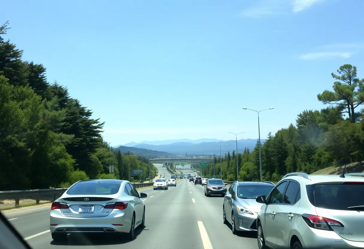A bustling California highway with various vehicles showcasing emissions challenges.