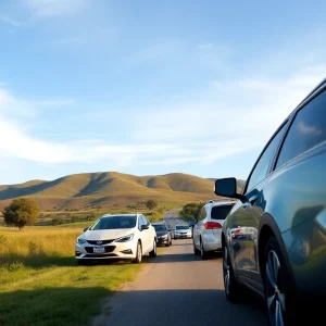 California landscape featuring gas-powered and electric vehicles.