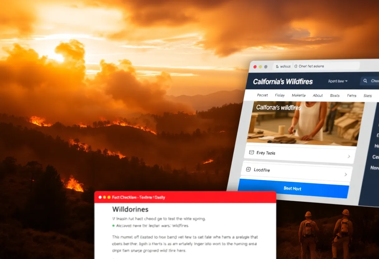 Illustration of California wildfires with a fact-checking website overlay
