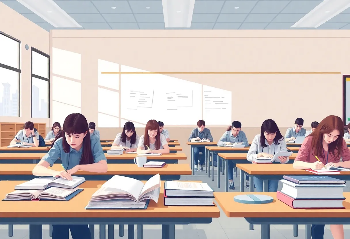 Students taking a law exam in a testing environment