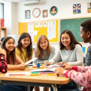 A classroom filled with happy students engaging in learning activities led by enthusiastic teachers.
