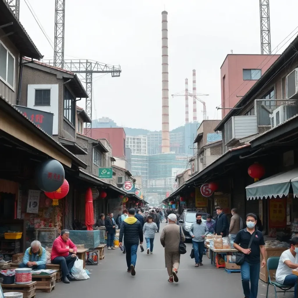 Market scene in China with retail shops and industrial buildings