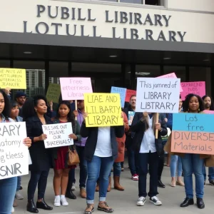 Community members gather outside a public library advocating for library autonomy.