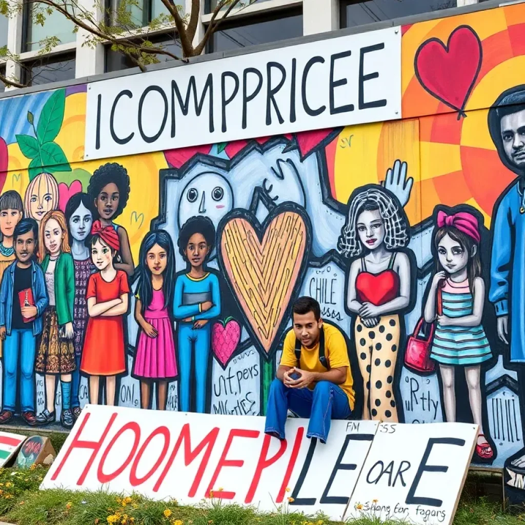 Art installation depicting themes of compassion and homelessness awareness in a community setting.