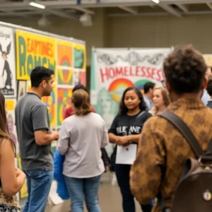Community members engage in discussions at an art event about homelessness awareness.