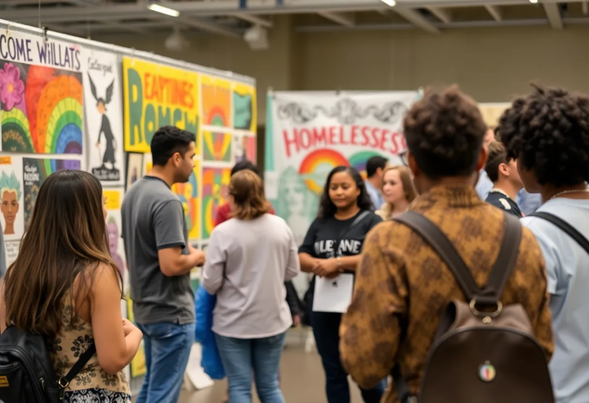 Community members engage in discussions at an art event about homelessness awareness.