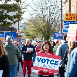 Citizens preparing for local election with campaign signs