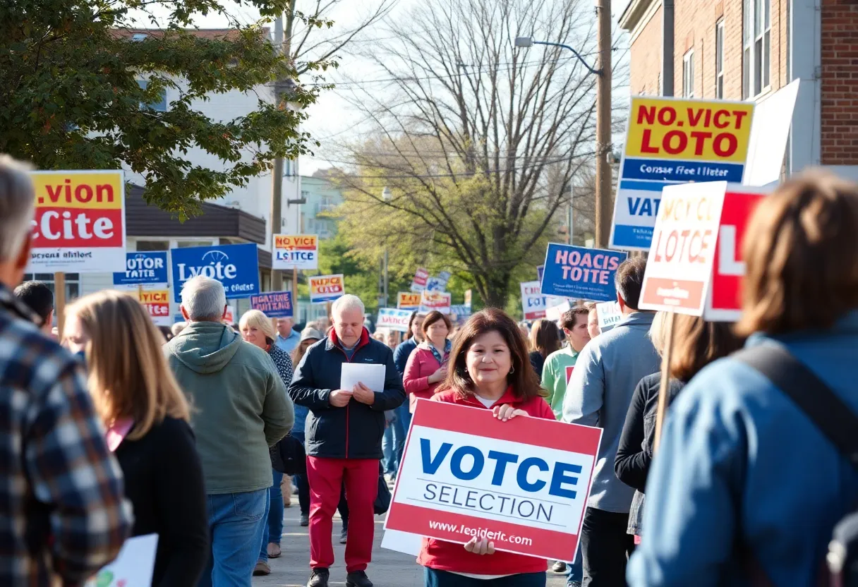 Citizens preparing for local election with campaign signs