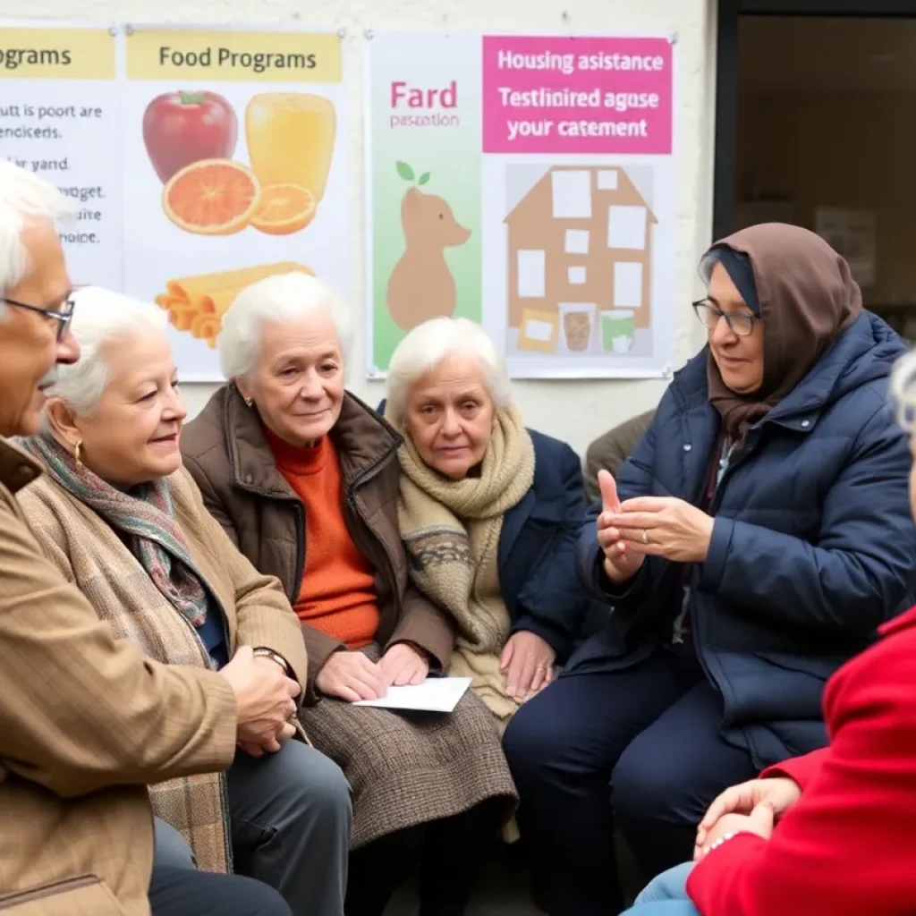 Seniors discussing budget cuts affecting essential services