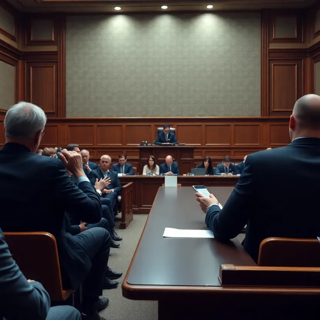 Dramatic courtroom scene with attorneys and judge