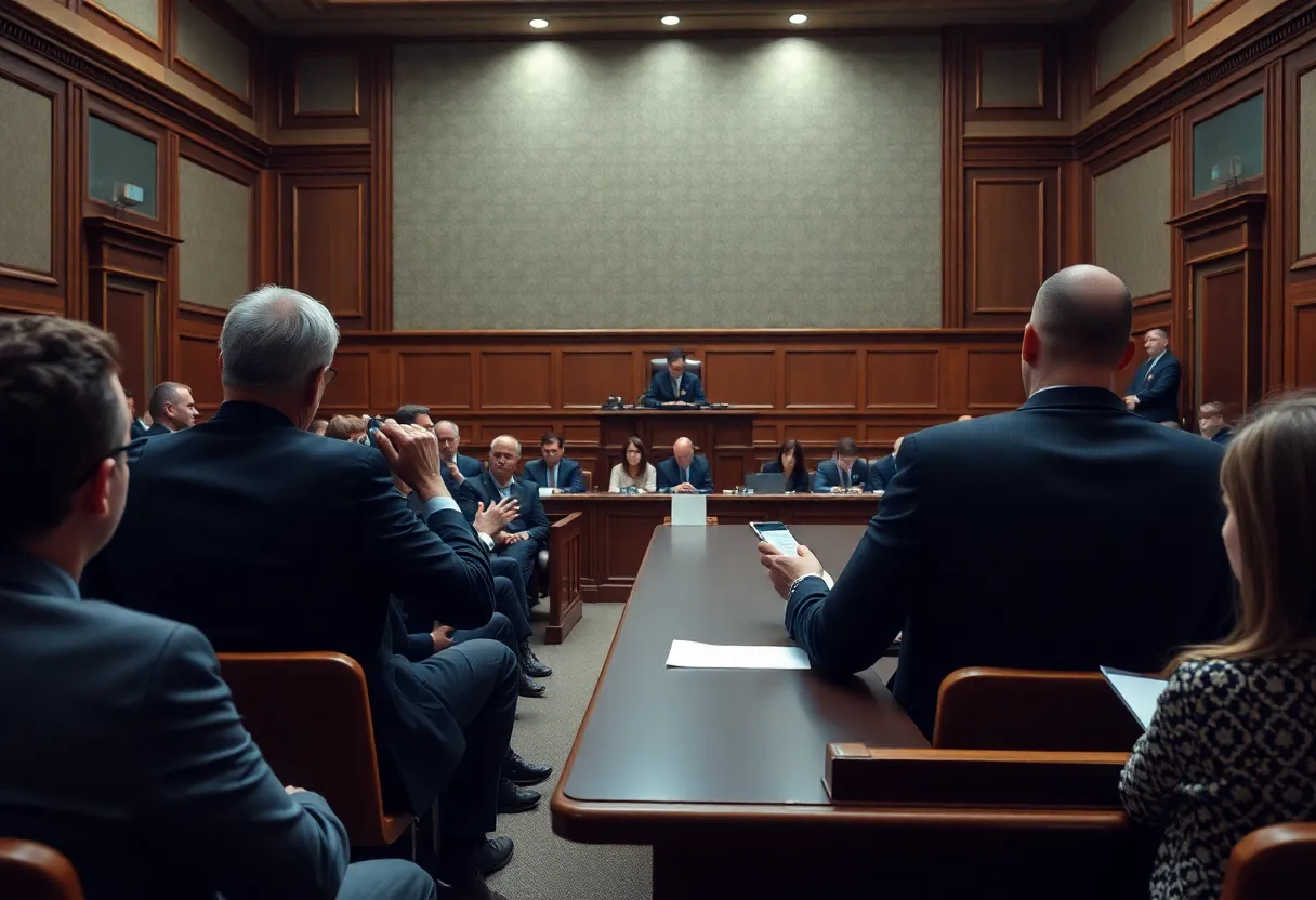 Dramatic courtroom scene with attorneys and judge