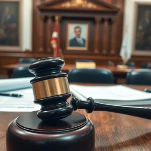 A courtroom scene with legal documents and gavel, symbolizing financial fraud