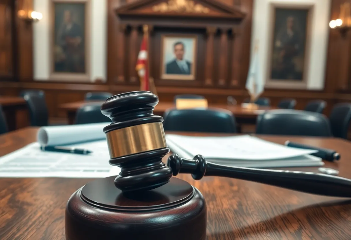 A courtroom scene with legal documents and gavel, symbolizing financial fraud