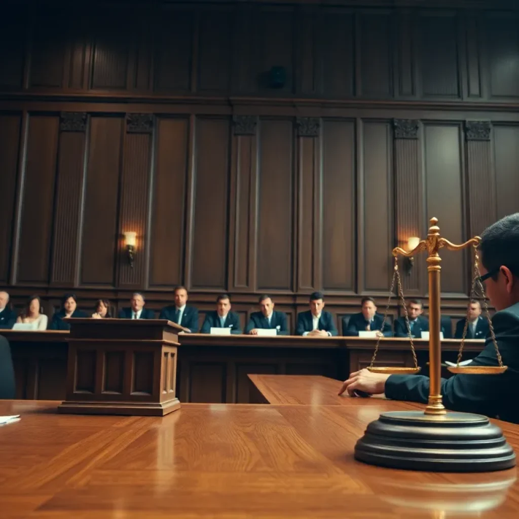 Courtroom scene emphasizing justice in cryptocurrency fraud case.