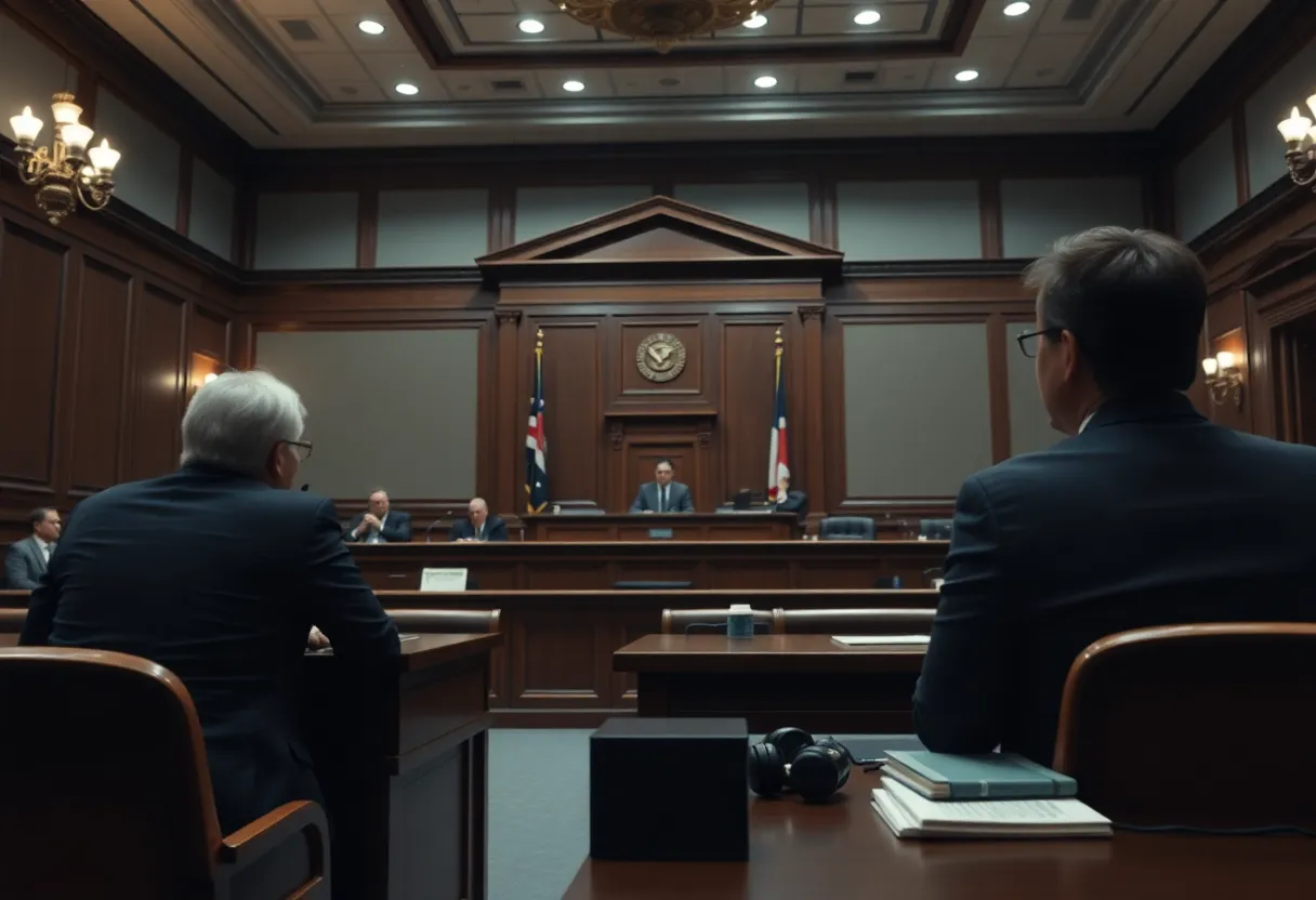 A courtroom during a trial with lawyers presenting their case