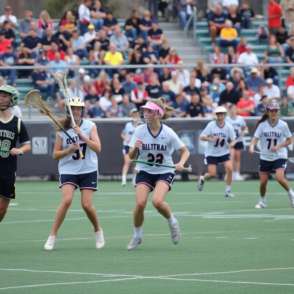 High school lacrosse game with players in action