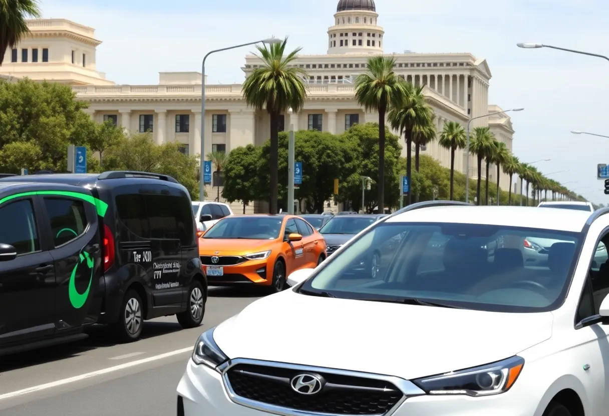 Electric and gas-powered cars in a Californian street