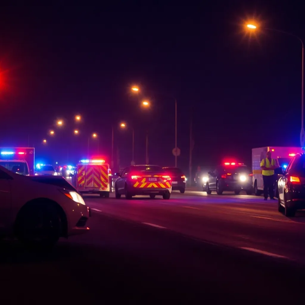Traffic accident scene showing emergency response teams at work during the night.