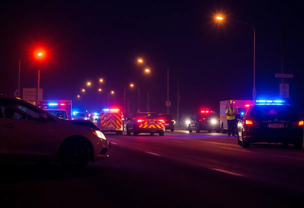 Traffic accident scene showing emergency response teams at work during the night.