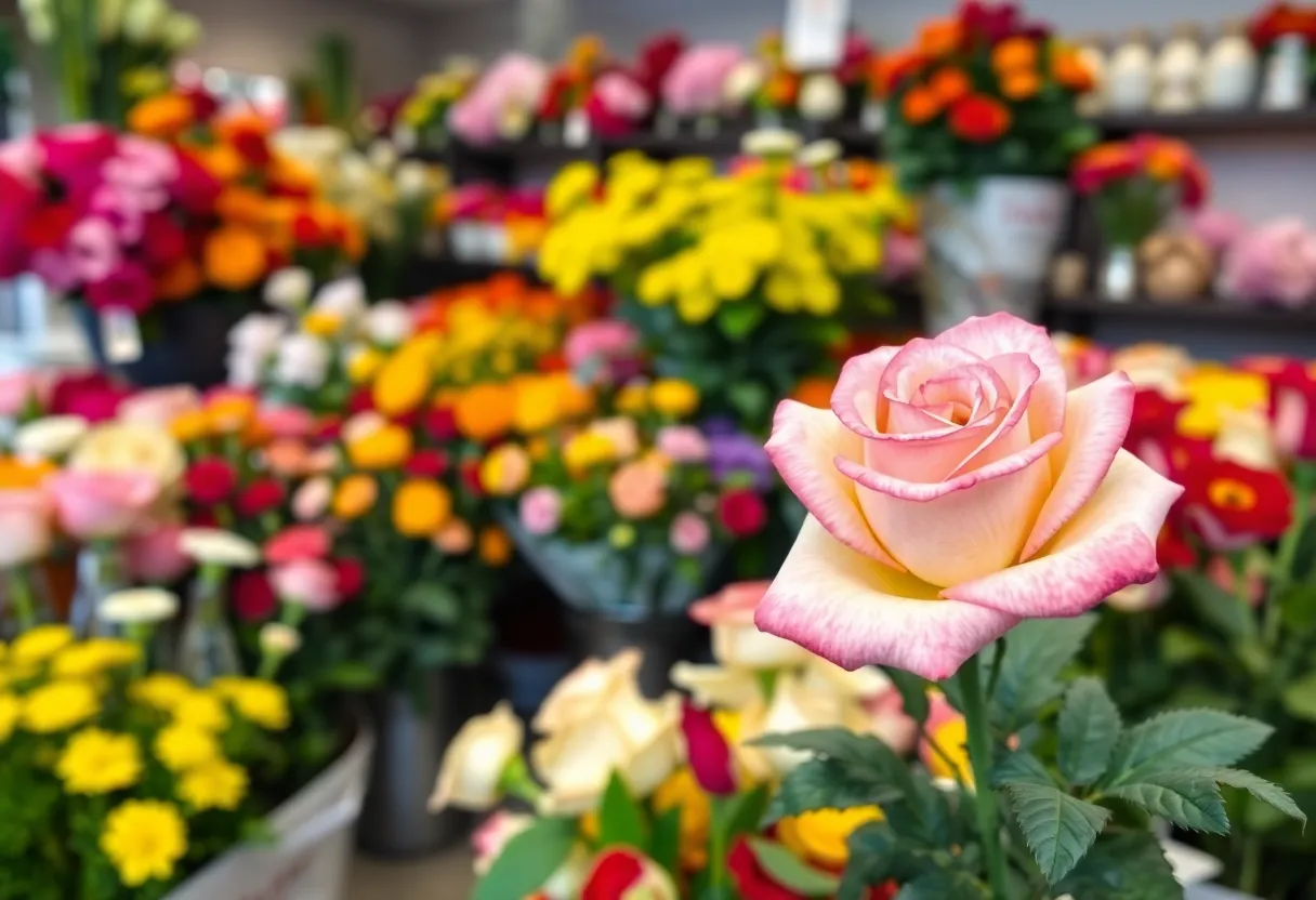 A beautiful array of roses and flowers in a florist shop for Mother's Day