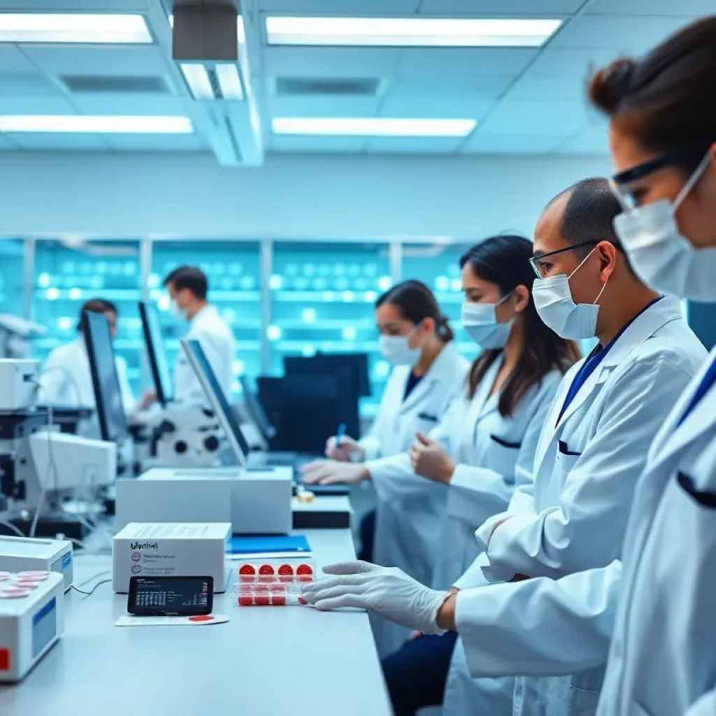 A laboratory team working on advanced blood testing technology