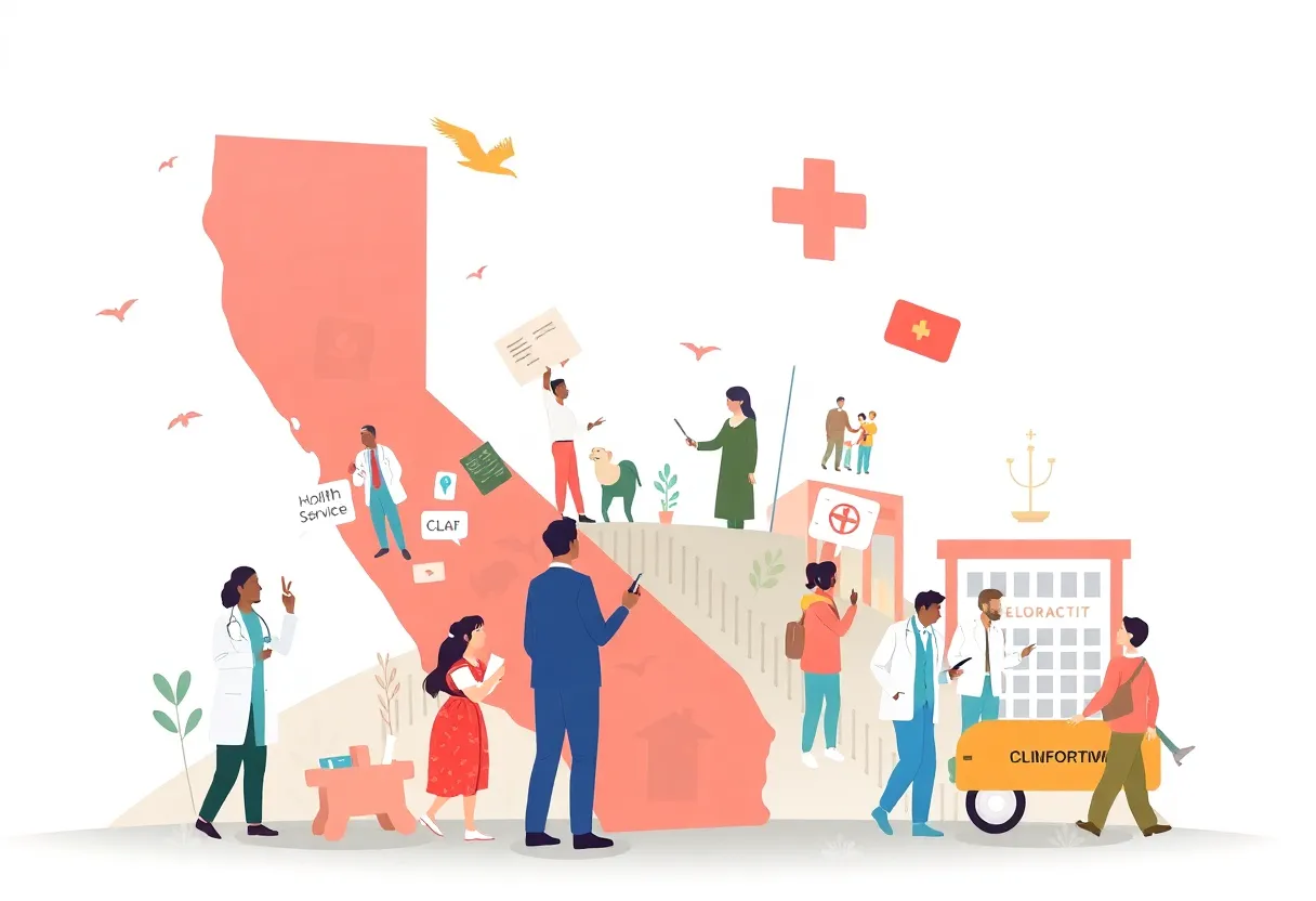 Illustration symbolizing healthcare issues in California, focusing on immigrant health services.