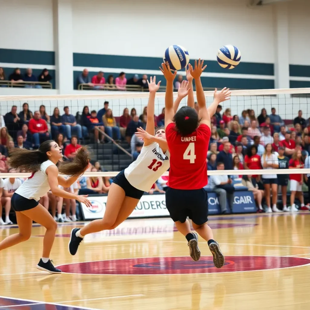 Players in action during a high school volleyball match
