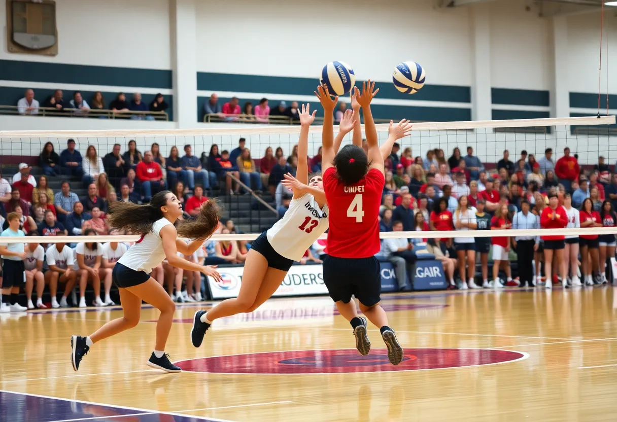 Players in action during a high school volleyball match
