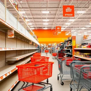 Empty shelves in a Home Depot store due to organized theft.