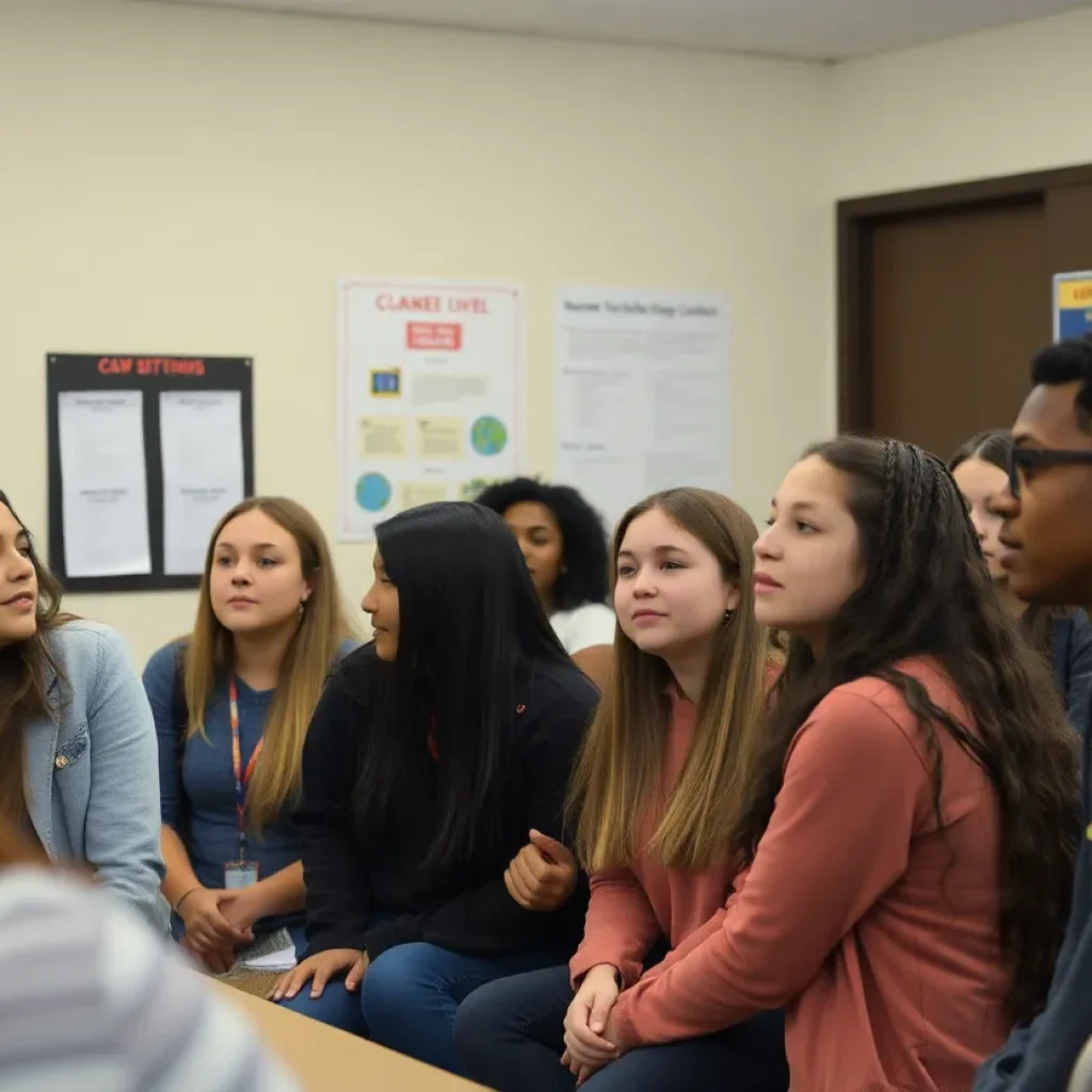 Students participating in a human trafficking awareness workshop