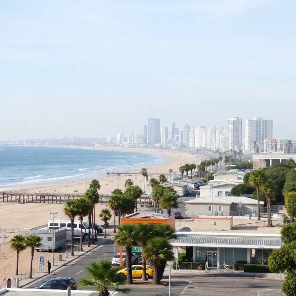 A beautiful view of Huntington Beach with buildings and beach in the foreground.