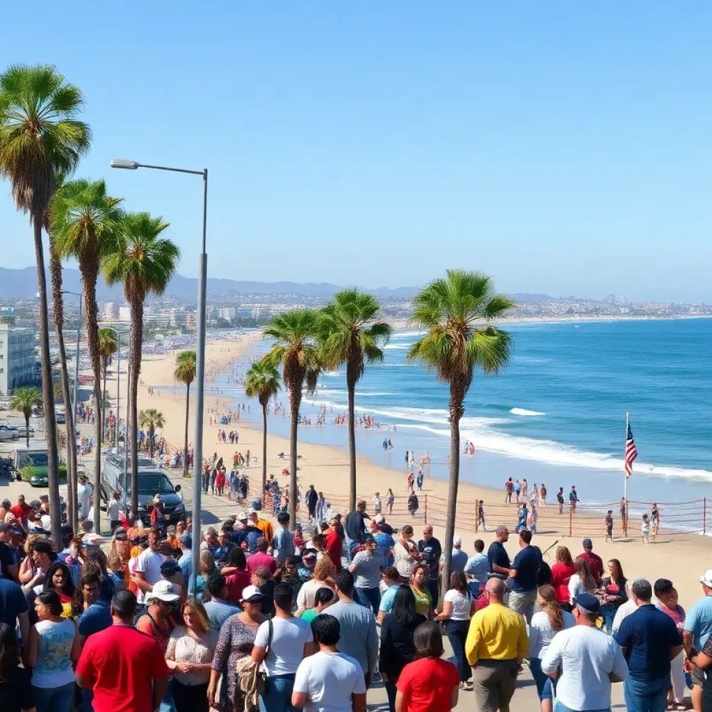 Community gathering at Huntington Beach with a beach backdrop