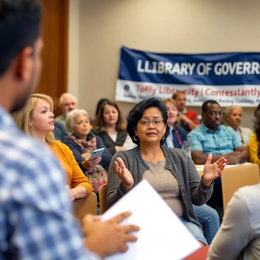 Community members discussing library governance measures in Huntington Beach