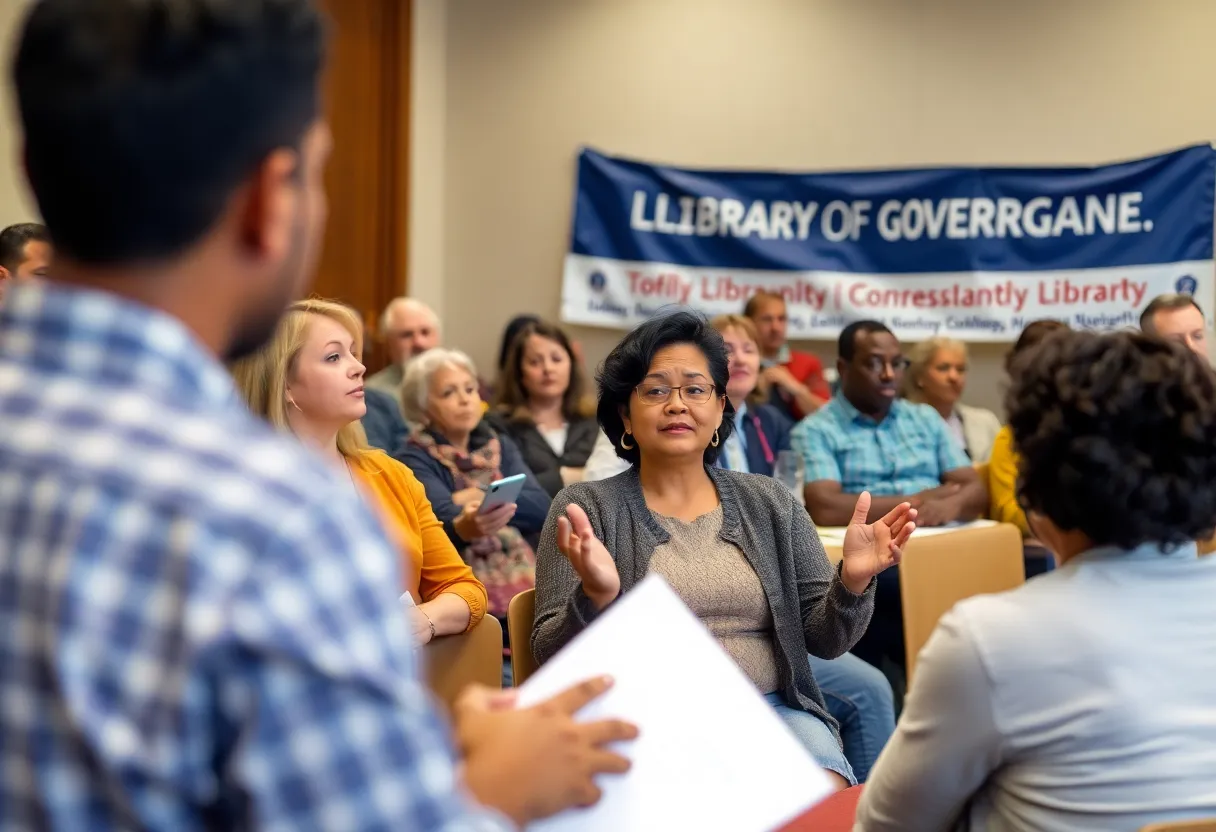 Community members discussing library governance measures in Huntington Beach